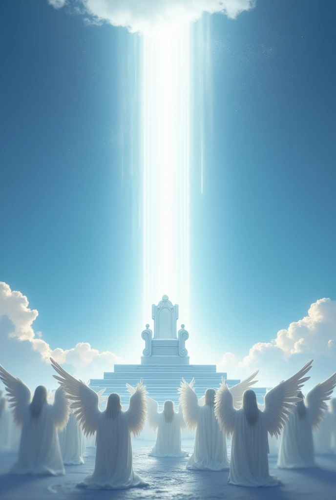 Generate a white, high throne in the sky that flashes light, and below angels with wings kneeling in front of the throne