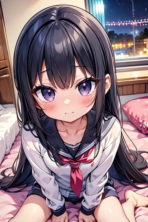 One person、Long Hair、Lori、Black Hair、With bangs、6 year old girl、small、1st grade elementary school students、Baby Face、((Ahegao))、Big eyes、barefoot、black eye、cute、Are thin、凄くsmall胸、pajamas、On all fours、身長のsmall、Night view、Bedroom、bed、Bare Skin、Show your face、((Lying down))、Get closer to the camera
