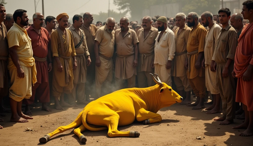 Image: Scene of the slaughter of the bright yellow cow lying on the ground among a crowd of people, some of whom appear hesitant and others who follow the matter. 