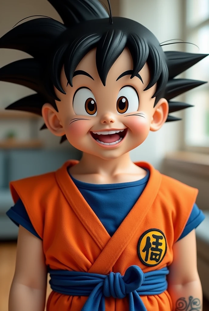 a photo of an adult with a pleasant aura a beautiful smile without wrinkles white color , slicked black hair, Brown eyes and a beautiful body, but without tattoos, tall and happy with nice looking clothes. The boy is holding a shirt with Goku on it, very happy.