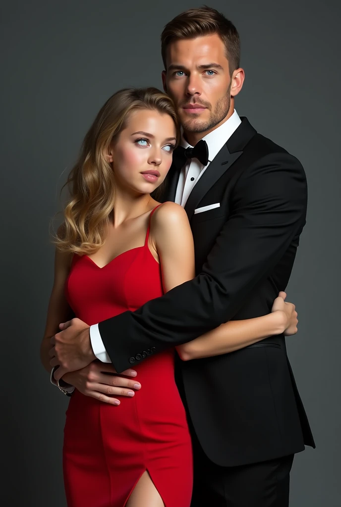 Man, 32 years old, light blue eyes that look like two swimming pools. Short, straight brown hair. Athletic build, wearing an elegant black suit, hugging a girl, light blue eyes, 25 years old. Wearing a red dress with a huge slit on the left leg. Defined body. But not muscular. And angelic face and expression.