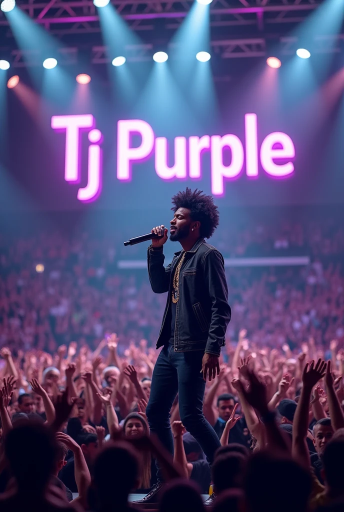 Afro male singing on a mic in a stadium filled with people with the word Tj Purple boldly written on the Background