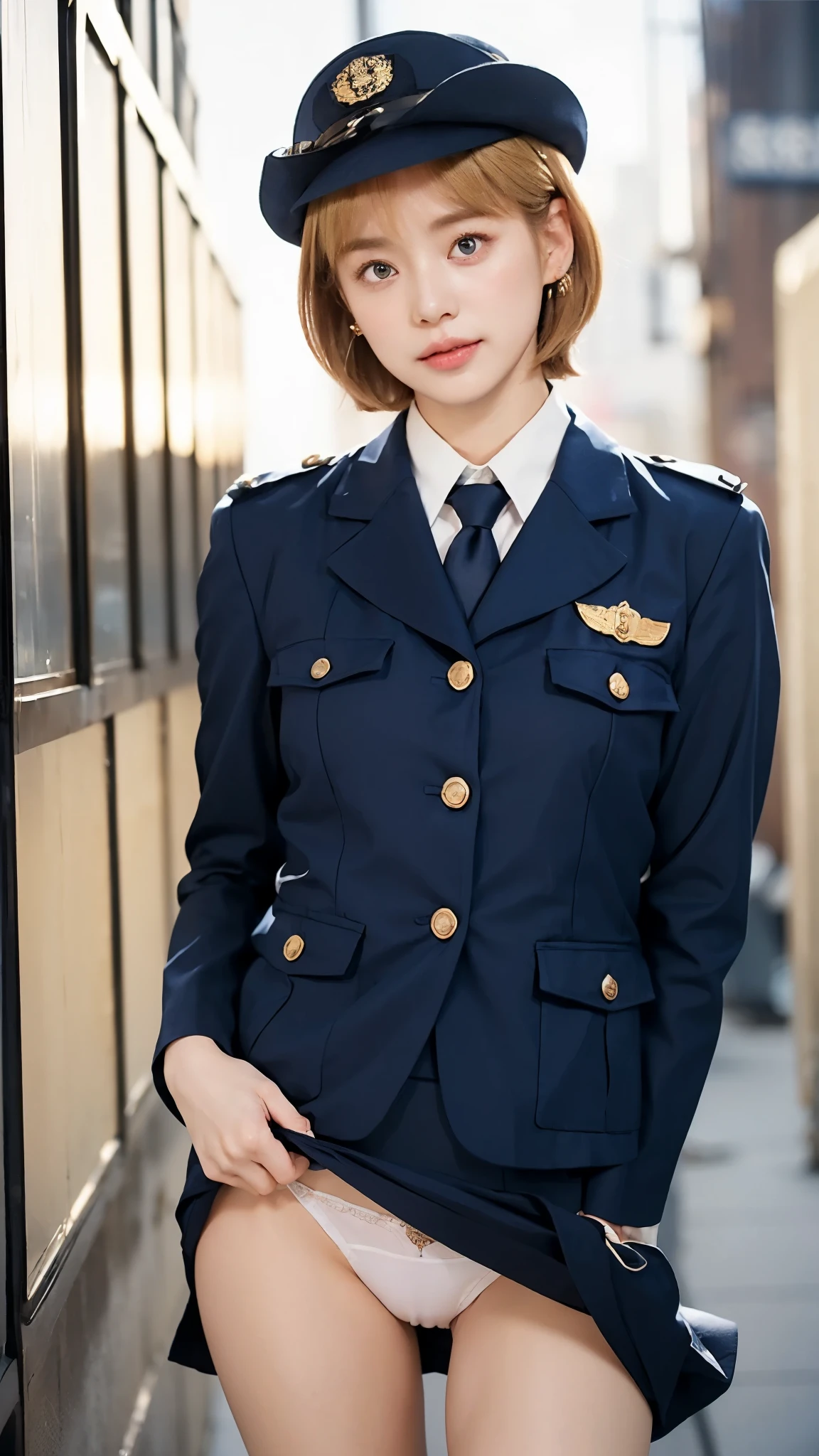 16K quality、Highest quality, It is high resolution., Real photo、((Standing posture facing forward、Full body portrait))、(((20代のBlondeのfemale police officer)))、(((She is rolling up her plain navy blue tight skirt with both hands.、Skirt rolled up、White pantiesを露出:1.5)))、((Time is night))、((Tokyo roads、Police car))、(((Police blue uniform、Police blue blazer、Police blue micro mini tight skirt、Long sleeve、White panties)))、She is rolling up her micro mini tight skirt with both hands.、((Pure white high-leg panties))、(Police hat)、((Green armband))、(Gold Button。Police emblem)、(Police Pantyhose)、(((Beautiful golden hair、Put out your ears、Updo Hair、short hair、Blonde:1.5)))、((Black high heels))、Shiny earrings、choker、((blue eyes))、((Embarrassed expression、blush))、Beautiful legs、(Big eyes、No makeup、Very beautiful and subtle makeup, Light makeup,)、 Beautiful eyeshadow、Perfect body、Perfect hands、Perfect Fingers、Detailed and beautiful thin lips、A clear, beautiful face and well-proportioned eyes、Highly detailed eyes and face、Long eyelashes、double eyelid、A neat nose、Thin eyebrows、Border Light、Realistic Light、 Cute round face, Plump thighs、Accentuate your thighs、Hairstyle with bangs、Slender body、slim、Light-reflecting skin、Model body type、８Head to Body、Low - Angle、The light reflected in your eyes、Smaller face、Lip gloss、Looking away、Background blur、Movie lighting from the front、Light on face