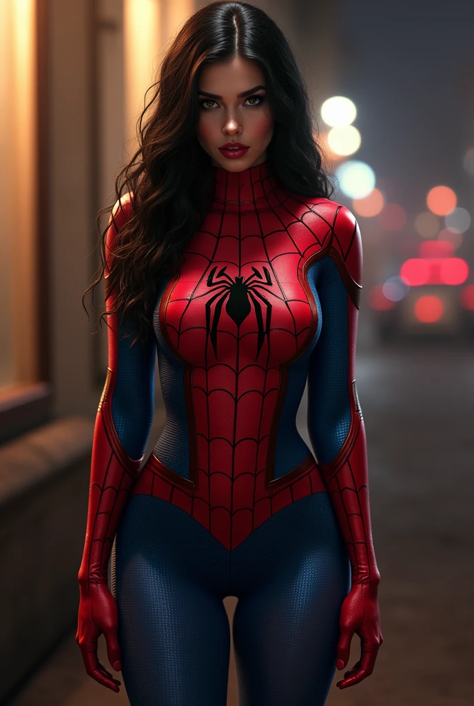 Girl in spiderman costume without mask nice body black hair thick thighs full body posing as a prostitute digital art