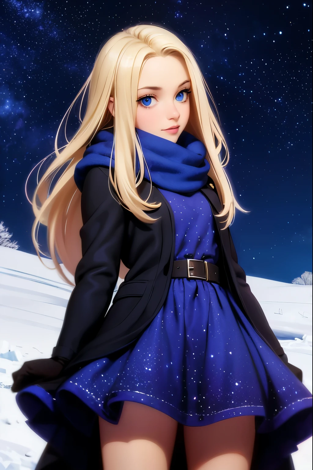 hills night sky. winter, winter colors, winter landscape, sky with stars, sky colors prussian blue cobalt blue purple cyan. planets, bright stars, shooting stars, windblown treetops moved by the wind, thre beautiful blonde girl in winter clothes observes the starry sky with a dreamy look.