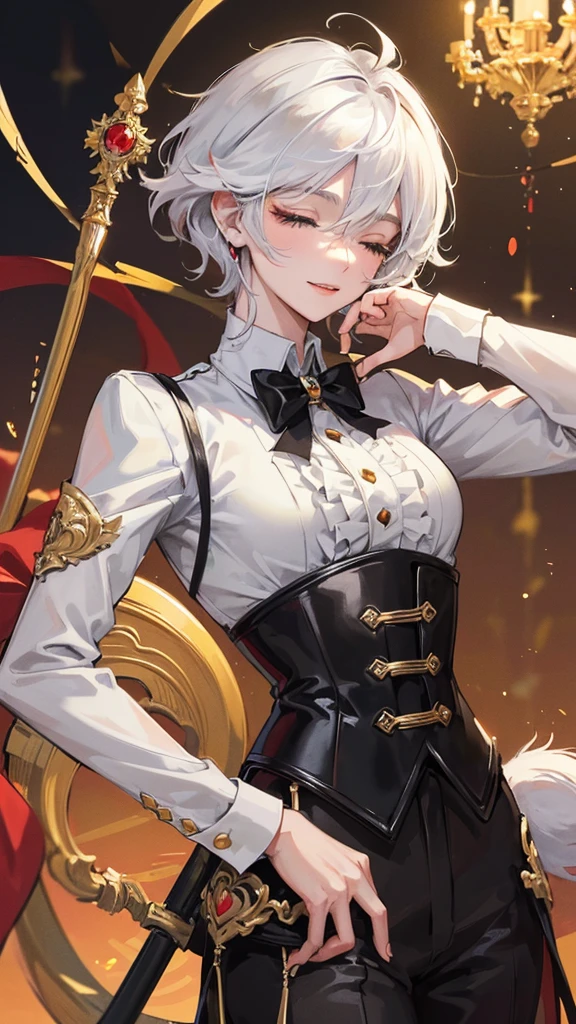 1 boy, anime, futuristic setting, elegant, fancy, tuxedo, high quality, intricate details, cat ears, short hair, closed eyes, messy hair, fluffy hair, butler outfit, lucky cat aesthetic, red collar, golden bell, red eyeshadow, serene smile, rolled up sleeves, cat tail, rapier, white hair, corset