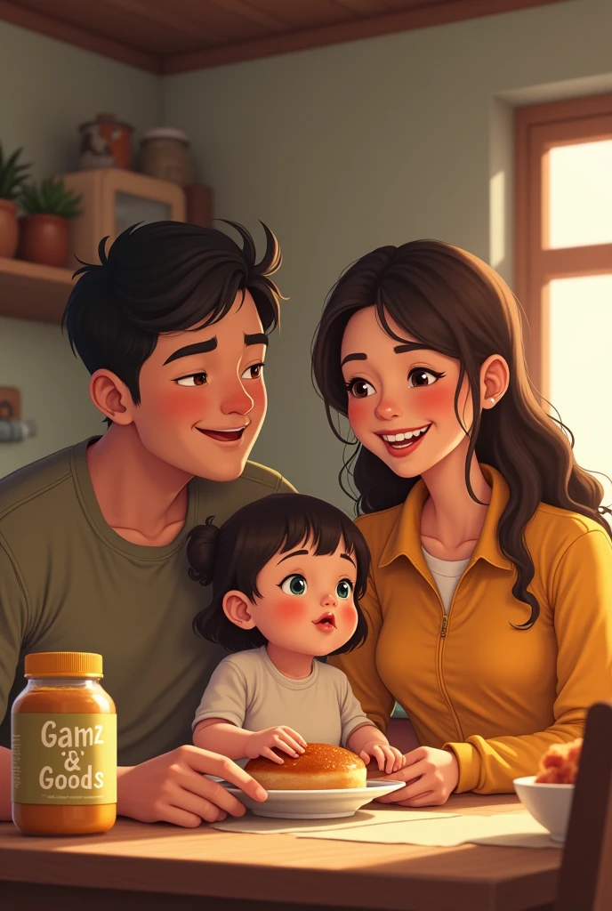 2 couple with 1 big brother, 1 big sister and baby girl eating breakfast, peanut butter and loaf bread in table. Jar has name Gamz n' goods