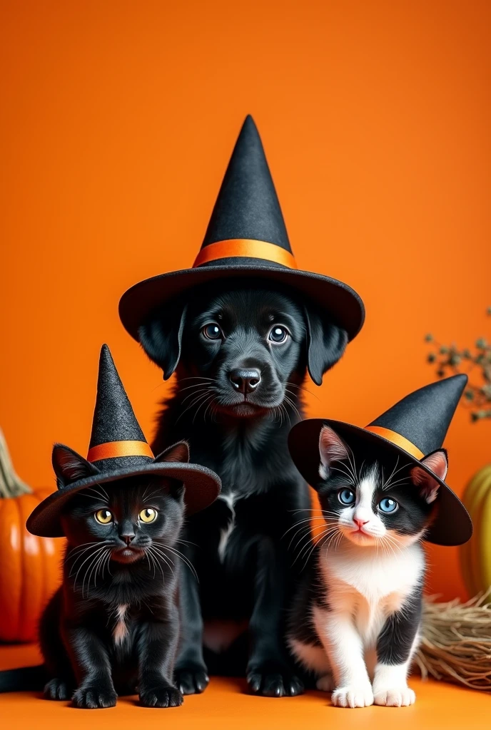 Realistic image of a black beauceron puppy, with an adult black and white furred cat with a witch&#39;s hat and a kitten with black furred cat with a witch&#39;s hat, all with witch hats, orange background, witch&#39;s broom and halloween pumpkins