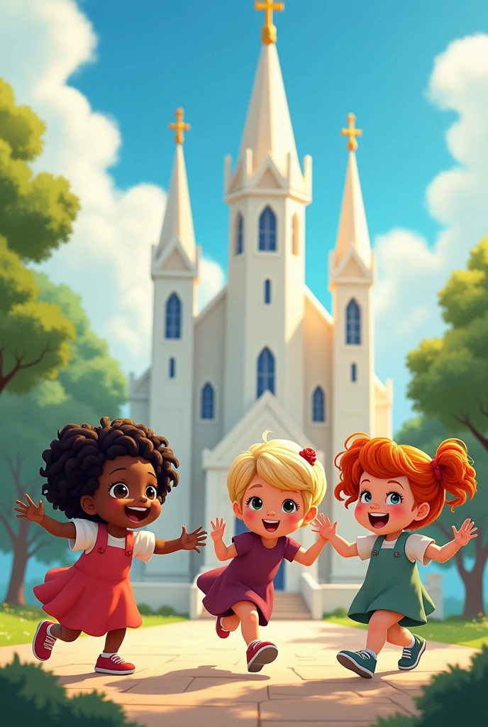 children, black, white, blondes, dark-skinned, redhead in front of The Church of Jesus Christ of Latter-day Saints without a cross playing in the shape of a Disney cartoon