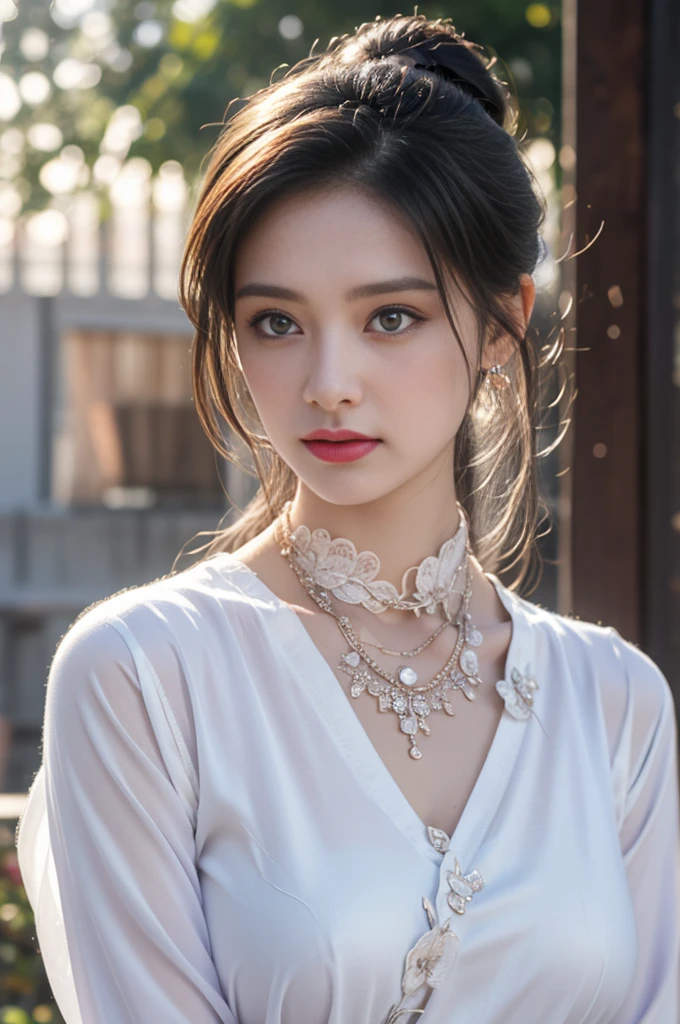 1 beautiful girl in Hanfu costume, ((white thin purple silk shirt with a lot of texture)), white lace top, long purple platinum ponytail Hair, Jewelry, ear jewelry, necklaces and necklaces, carefully drawn big purple eyes, makeup careful, thin eyebrows, high nose, beautiful red lips, no smile, pursed lips, rosy cheeks, wide breasts, big breasts, proportional breasts, slim waist, purple fishnet socks, chinese hanfu style, fictional art texture, colorful bright and realistic, RAW Photo, Realistic Photo, ultra high quality 8k surreal photo, (effective fantasy light effect: 1.8), 10x pixels, magical effect (Background): 1.8), ultradetailed eyes, full body portrait of girl , Chinese royal garden background, dynamic pose