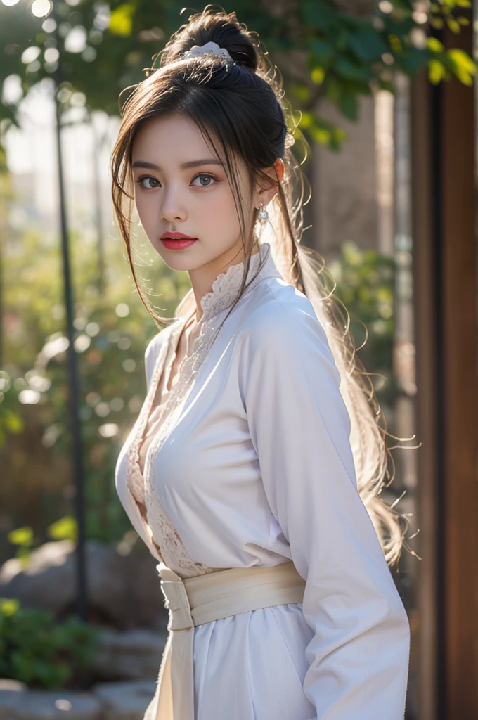 1 beautiful girl in Hanfu costume, ((white thin purple silk shirt with a lot of texture)), white lace top, long purple platinum ponytail Hair, Jewelry, ear jewelry, necklaces and necklaces, carefully drawn big purple eyes, makeup careful, thin eyebrows, high nose, beautiful red lips, no smile, pursed lips, rosy cheeks, wide breasts, big breasts, proportional breasts, slim waist, purple fishnet socks, chinese hanfu style, fictional art texture, colorful bright and realistic, RAW Photo, Realistic Photo, ultra high quality 8k surreal photo, (effective fantasy light effect: 1.8), 10x pixels, magical effect (Background): 1.8), ultradetailed eyes, full body portrait of girl , Chinese royal garden background, dynamic pose