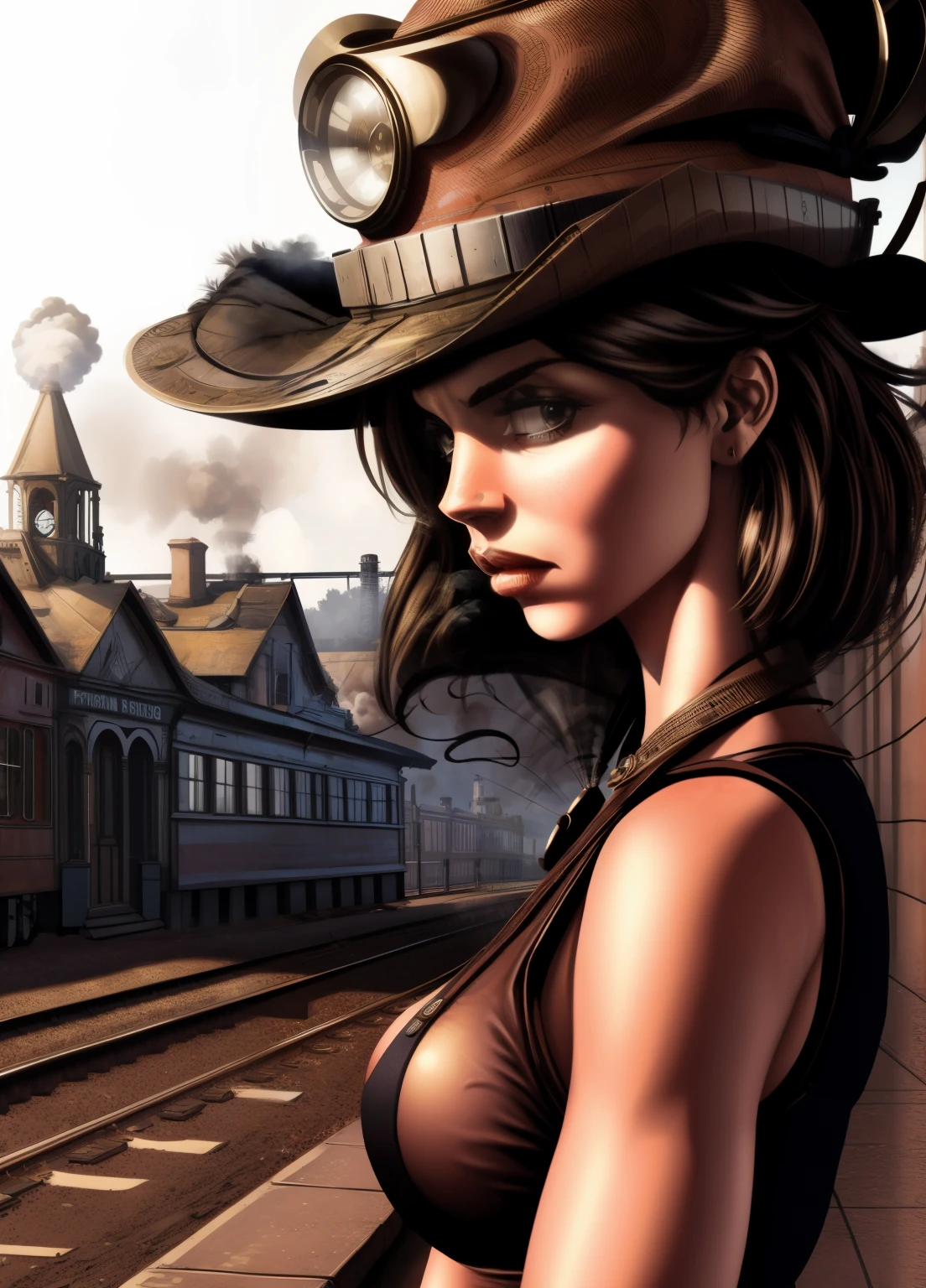 1 girl,  aviator hat ,   solo,   steam punk, train station,  , steam, smoke, masterpiece, highly detailed,HDR,8k resolution, best quality,