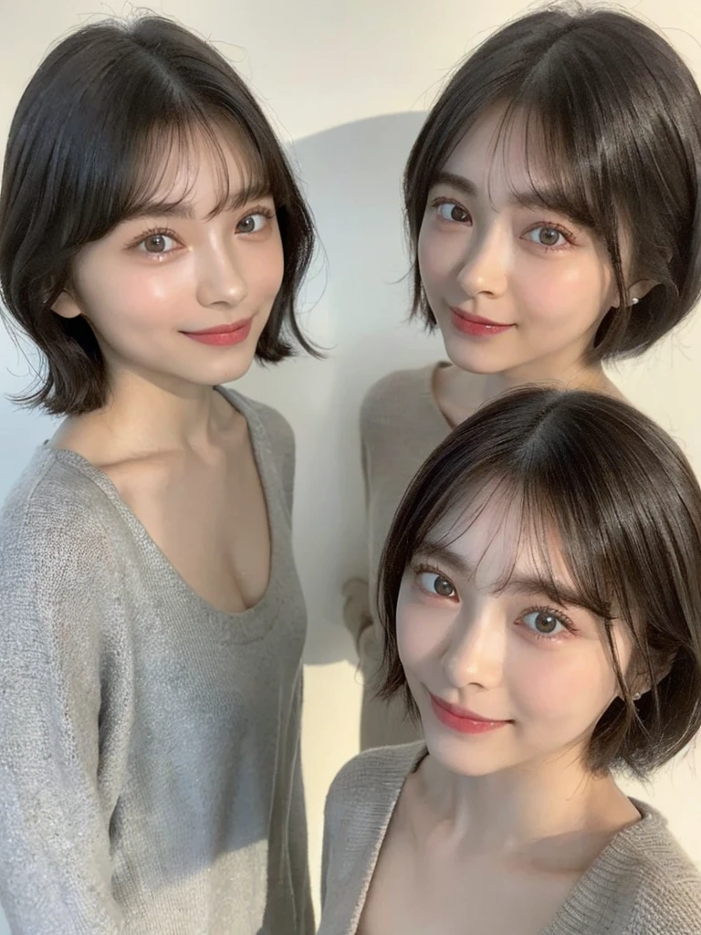 (masterpiece:1.3), (8k, Photoreal, Raw photo, best image quality: 1.4), Japanese high school girl、(random hairstyle:1.2)、cleavage:1.5、super detail face、eye for details、double eyelid、chest to chest、sharp focus:1.2、Beautiful woman:1.4、light brown hair、highest quality、masterpiece、超A high resolution、(Photoreal:1.4)、Highly detailed and professionally lit smiles、loose and light knitwear、shoulder out、thin、serious expression、short haired、deadly position
similar identical twins
All the girls have the exact same face, The two have the same face and figure, as if they were mirror images.
