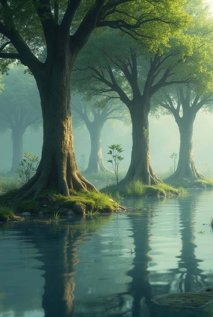 Water covering the base of several trees