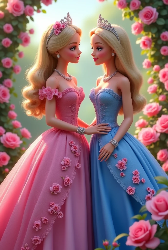 Barbie princess and the pauper. Princess annelies is wearing a pink dress eith pink roses on it and is next to pink roses. Erika is wearing a blue dress with pink roses on it and she is next to blue roses.