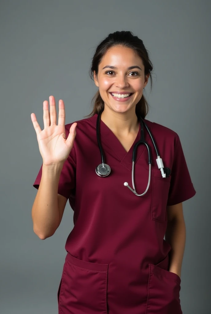 a female doctor in a maroon uniform waving




