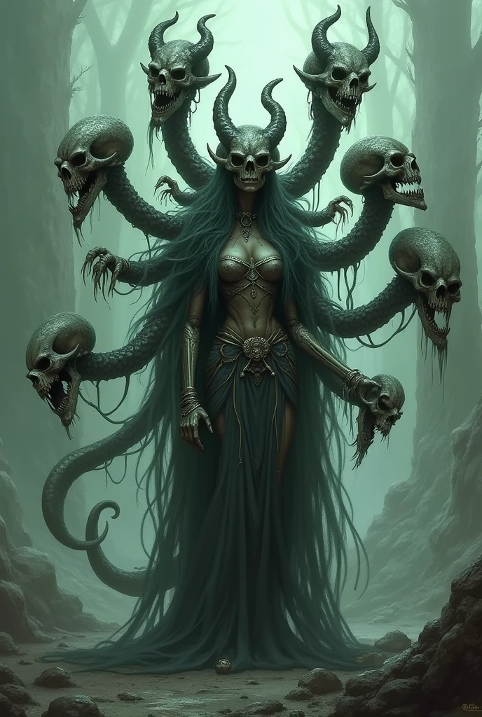 A five headed hydra but she's undead, D&D style Hyperrealistic, splash art, concept art, mid shot, intricately detailed. Five hydra skulls.