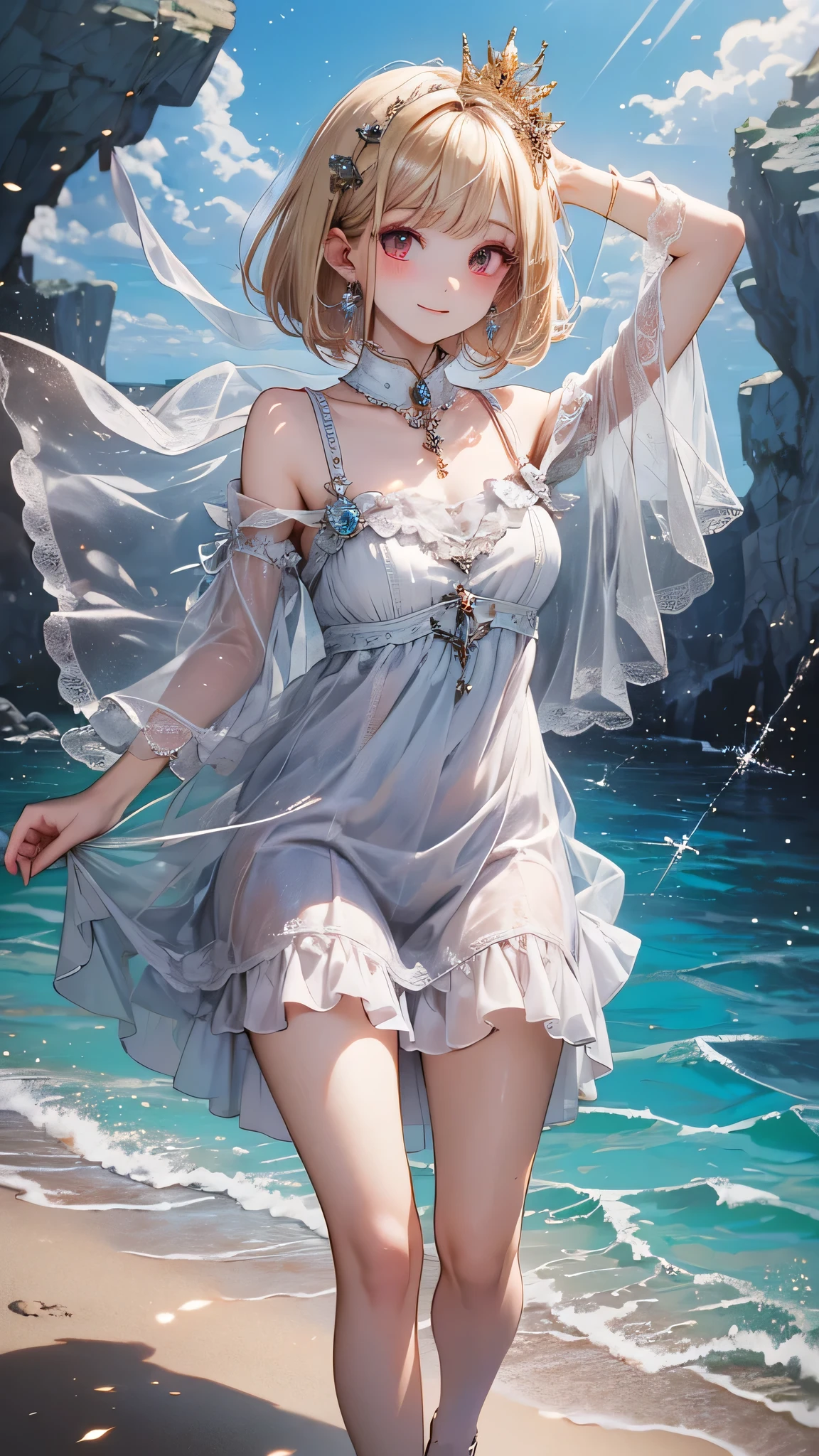 (masterpiece), ((Highest quality)), (Very detailed), ((very delicでe and beautiful)), (Unbelievably absurd))), (Perfect body))), 1 girl, Glowing White Particles, Blonde Bob, Red eyes, , Outdoor, null, Aura full body, White Tread Dress, Exposing shoulders, A small smile, Ocean + background, Wind, Earrings, Watching the audience, Cowboy Shot, Rich details, Perfect image quality