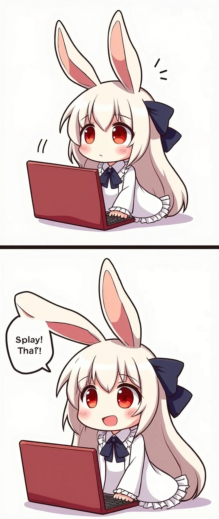 (2comic panels,dot halftone, flat color,), quality\(masterpiece, best quality,8k,wallpaper of extremely detailed CG unit,hight resolution,top-quality,top-quality real texture skin,hyper realisitic,increase the resolution,RAW photos,best qualtiy,highly detailed,the wallpaper\), first panel\(1girl\(2.5D,cute,kawaii,small kid,white hair:1.4,(long hair),(rabbit ear),white long dress with frill,red eyes,big eyes,beautiful shining eyes,skin color white,big black hairbow,watching internet,(smiling and says "Adorable! What does this mean?   oh..." with face blushed)\)\),