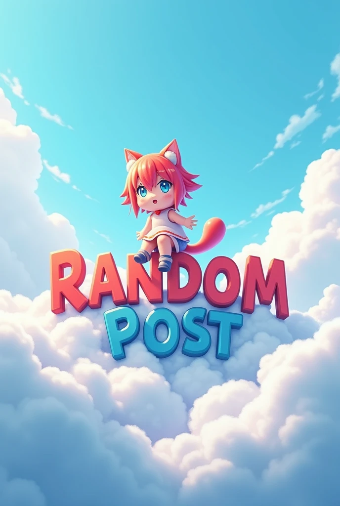 Make a Picture in a light blue cloudy environment with the text Random Post with a large anime character sitting on the letters 