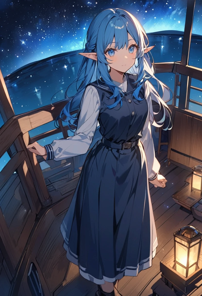 anime elf woman. Blue hair, blue eyes. She is standing on the deck of a ship. There are stars in the beautiful night sky. She is wearing a modest uniform.