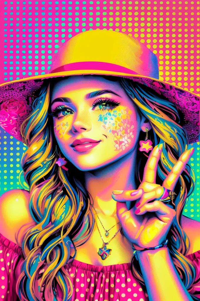 a close up of a Alexis Rose with a floppy hat and a peace sign, portrait of a lisa frank, cmyk portrait, jen bartel, colourful movie art, multicolored vector art, lisa frank style, portrait happy colors, in style of pop - art, in style of lisa frank, digital art. @mariomaniacdude, colorful glow, colorful illustration