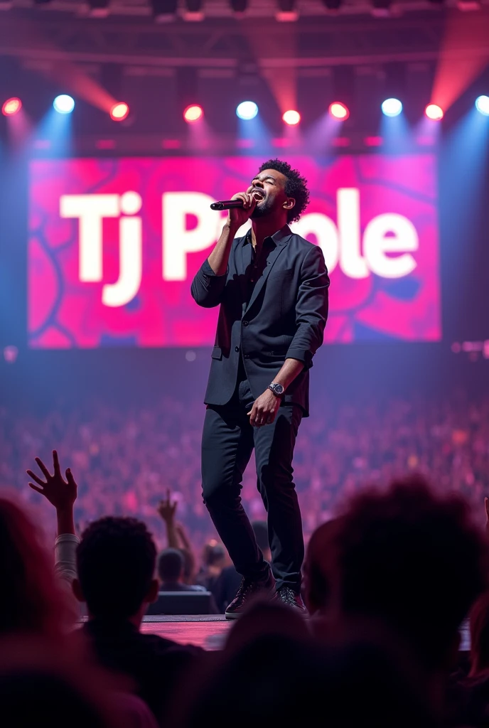 Afro male singing on a mic in a stadium filled with people with the word Tj Purple boldly written on the Background
