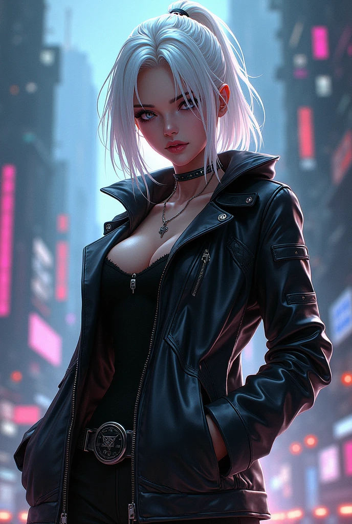 anime - style woman with white hair and a black leather jacket, badass anime 8 k, best anime 4k konachan wallpaper, cyberpunk anime girl in hoodie, anime style 4 k, female cyberpunk anime girl, cyberpunk anime girl, cyberpunk anime girl mech, cyborg - girl with silver hair, digital cyberpunk anime art, anime cyberpunk art, anime art wallpaper 8 k