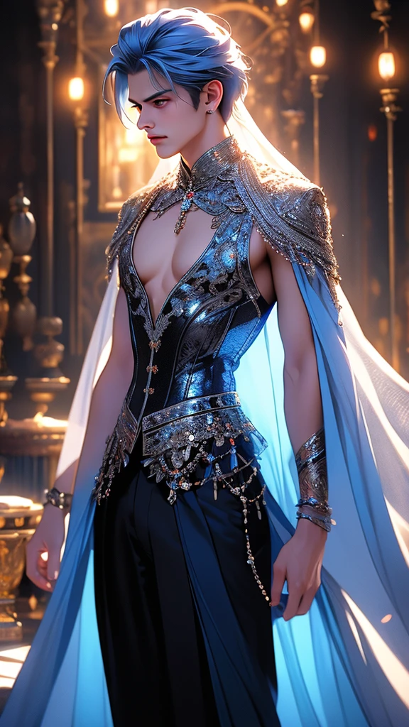 beautiful detailed blue eyes with a magical glow, luminescent eyes, a girl in a cave, luminescent stones, standing, posing, flowing silky blue hair, detailed beautiful red eyes, bright emotions, makeup, translucent purple sunglasses with a round frame, jewelry, black outfit, black corset with silver lacing emphasizes the chest, silk black shirt embroidered with patterns of silver thread, cape made of satin black fabric, belt, pants, juicy hips, cinematic lighting, VFX, (best quality,4k,8k,highres,masterpiece:1.2),ultra-detailed,(realistic,photorealistic,photo-realistic:1.37),HDR,UHD,studio lighting,ultra-fine painting,sharp focus,physically-based rendering,extreme detail description,professional,vivid colors,bokeh