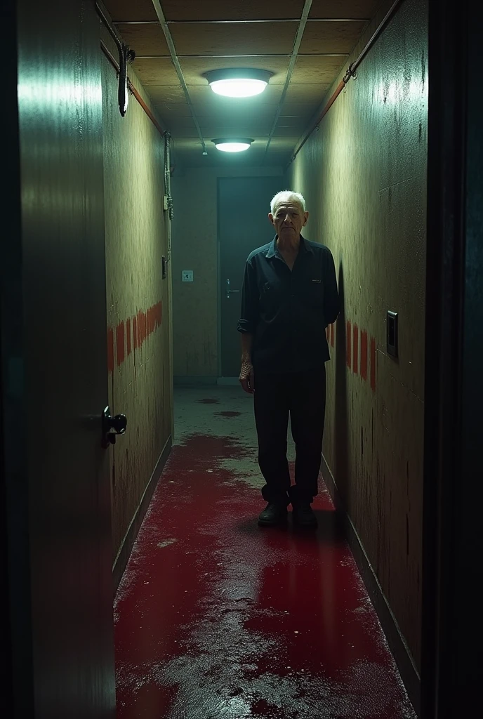 An old man goes down to the almost abandoned basement and finds a crime scene., He finds the body of his son bleeding out and next to it the body of his grandson&#39;s wife bleeding out

