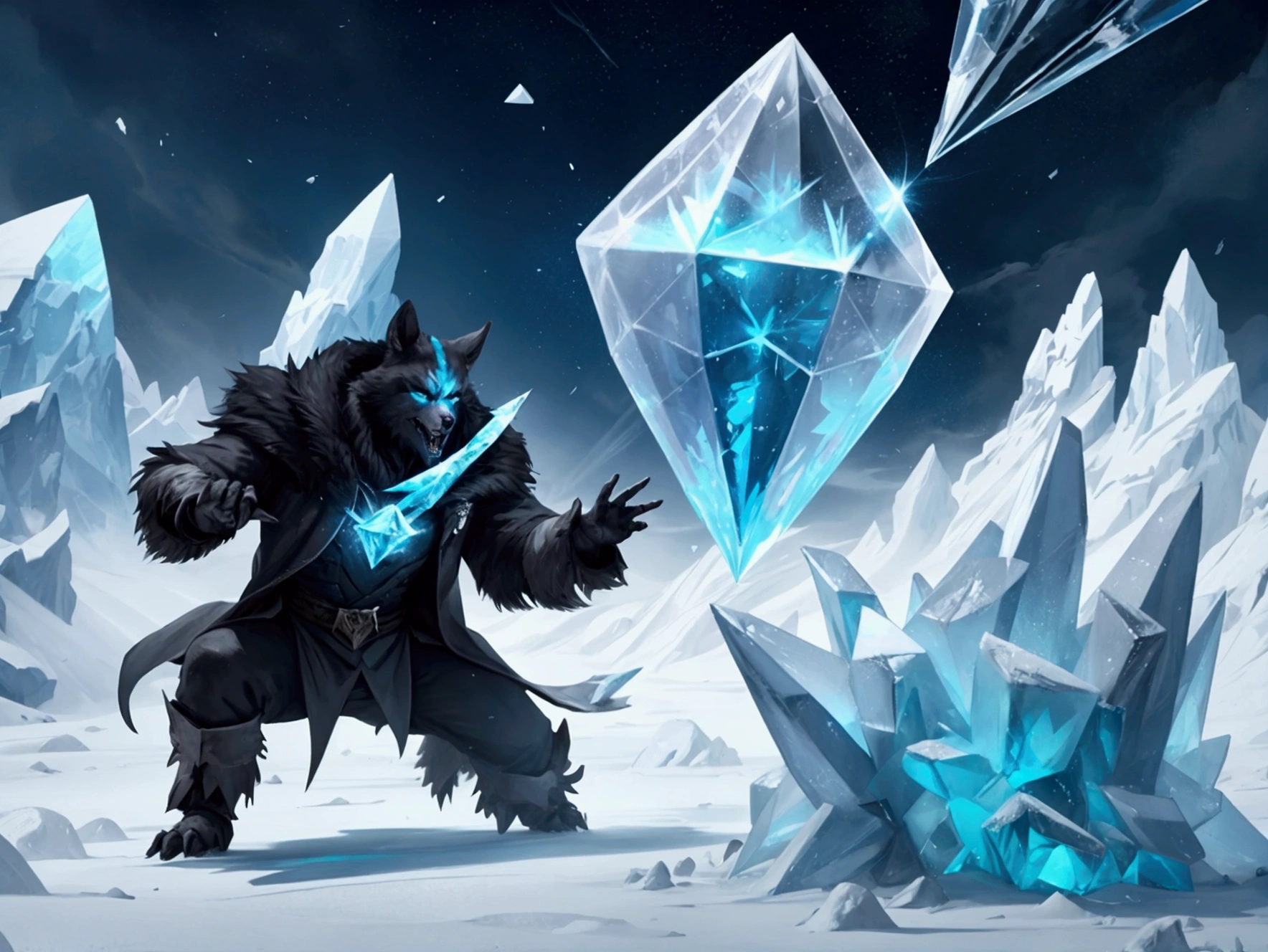 Create an illustration image representing the following magic, creates a shard of ice and throws it at a creature within range.