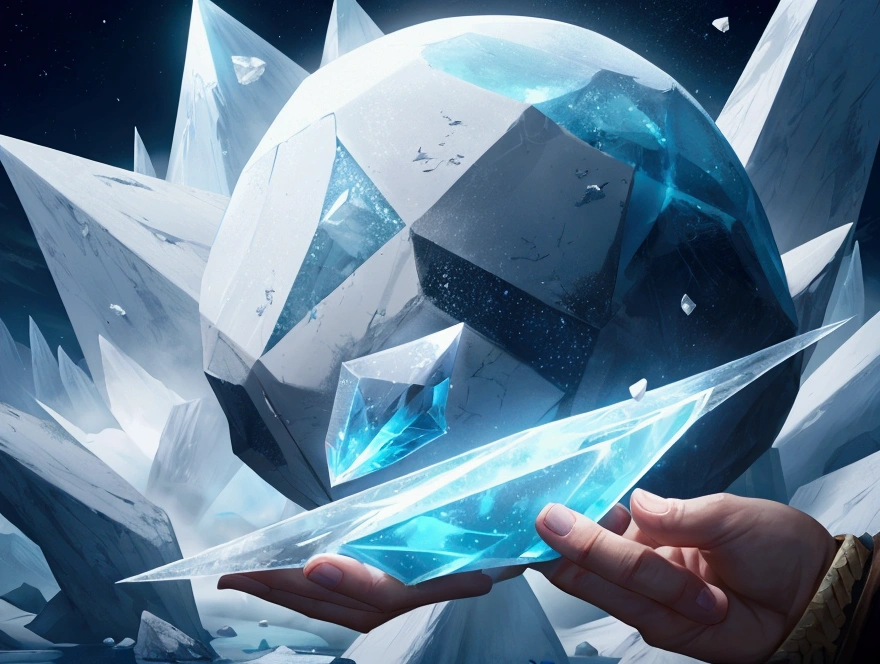 Create an illustration image representing the following magic, creates a shard of ice and throws it at a creature within range.