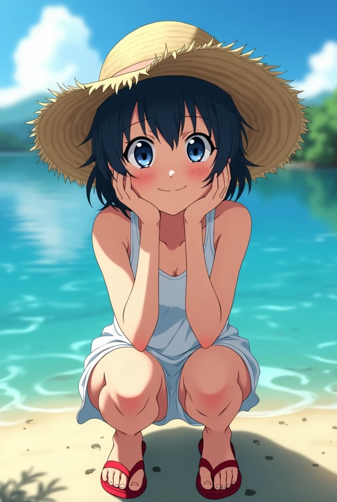 (((masterpiece))), Highest quality,Visual image of the anime, Perfect Anatomy, One Girl, (boyish), Black Hair, Berry Short, （Sunburned skin）, (Swimsuit Mark), white one-piece dress ,Straw hat, Red sandals, Squat,smile,  Summer sky, River side, Japanese countryside, Cinema Lighting, Beautiful attention to detail,sunlight, Composition from the front, Top View, Peace sign with both hands