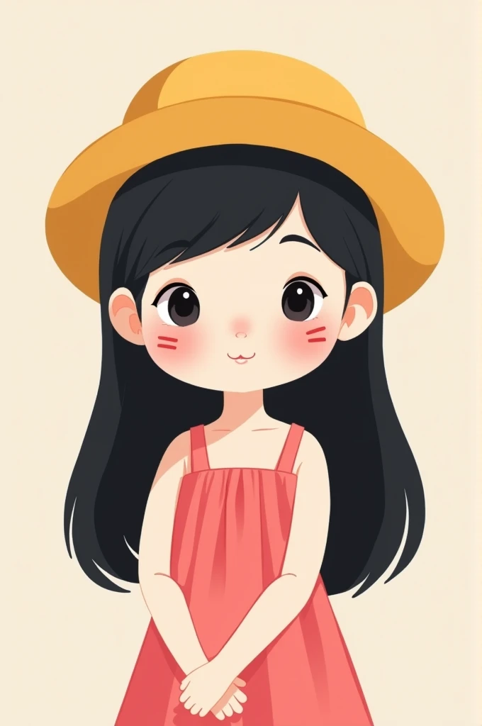 Draw a cute chibi Vietnamese girl with pink dress, 2 straps, white skin, black hair, rosy cheeks, 3 diagonal lines, and a yellow hat.