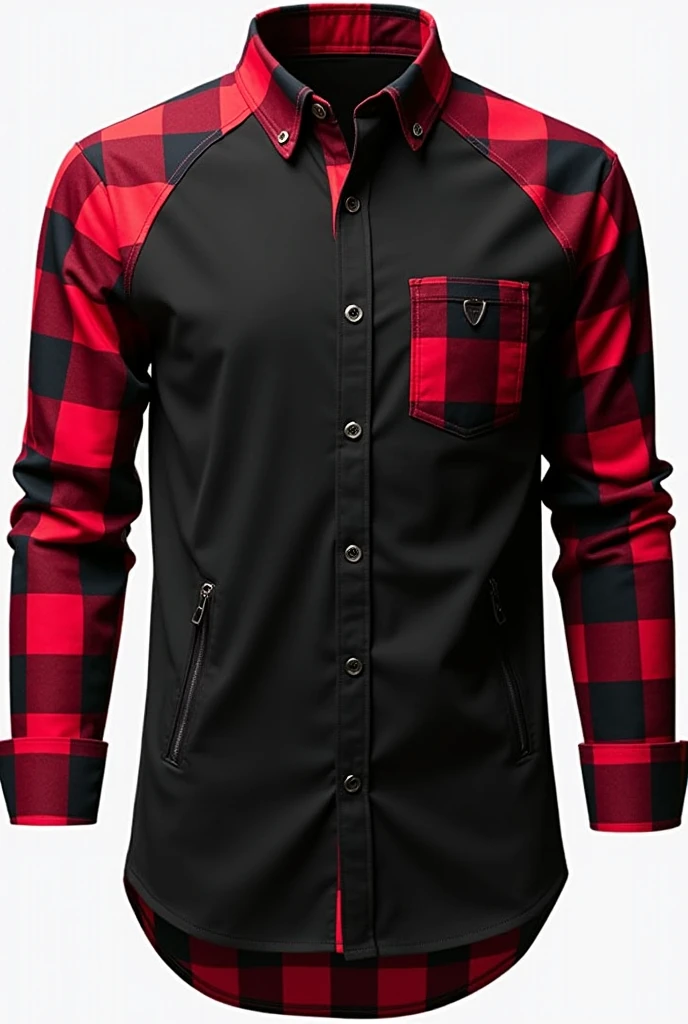 Raglan social shirt, with zipper on top, buttons on the body in the center, part of the hem open without zipper or buttons, with black shirt body, with long sleeves black and red plaid all over, small beginning of the all black folded sleeve, shirt hem being red and black checkered, large red and black plaid collar, two zippered pockets, One on Each Side, men's fashion