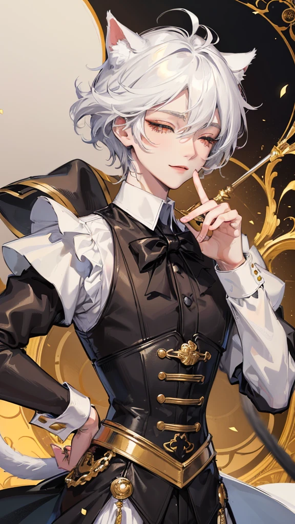 1 boy, anime, futuristic setting, elegant, fancy, tuxedo, high quality, intricate details, cat ears, short hair, closed eyes, messy hair, fluffy hair, butler outfit, lucky cat aesthetic, red collar, golden bell, red eyeshadow, serene smile, rolled up sleeves, cat tail, rapier, white hair, corset