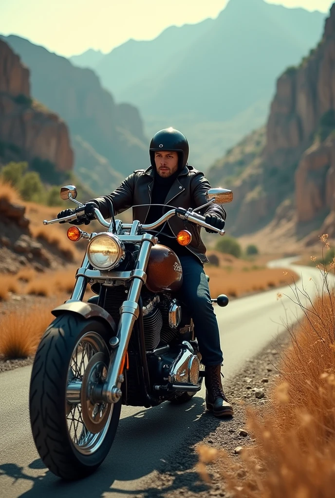Chopper motorcycle traveling landscape