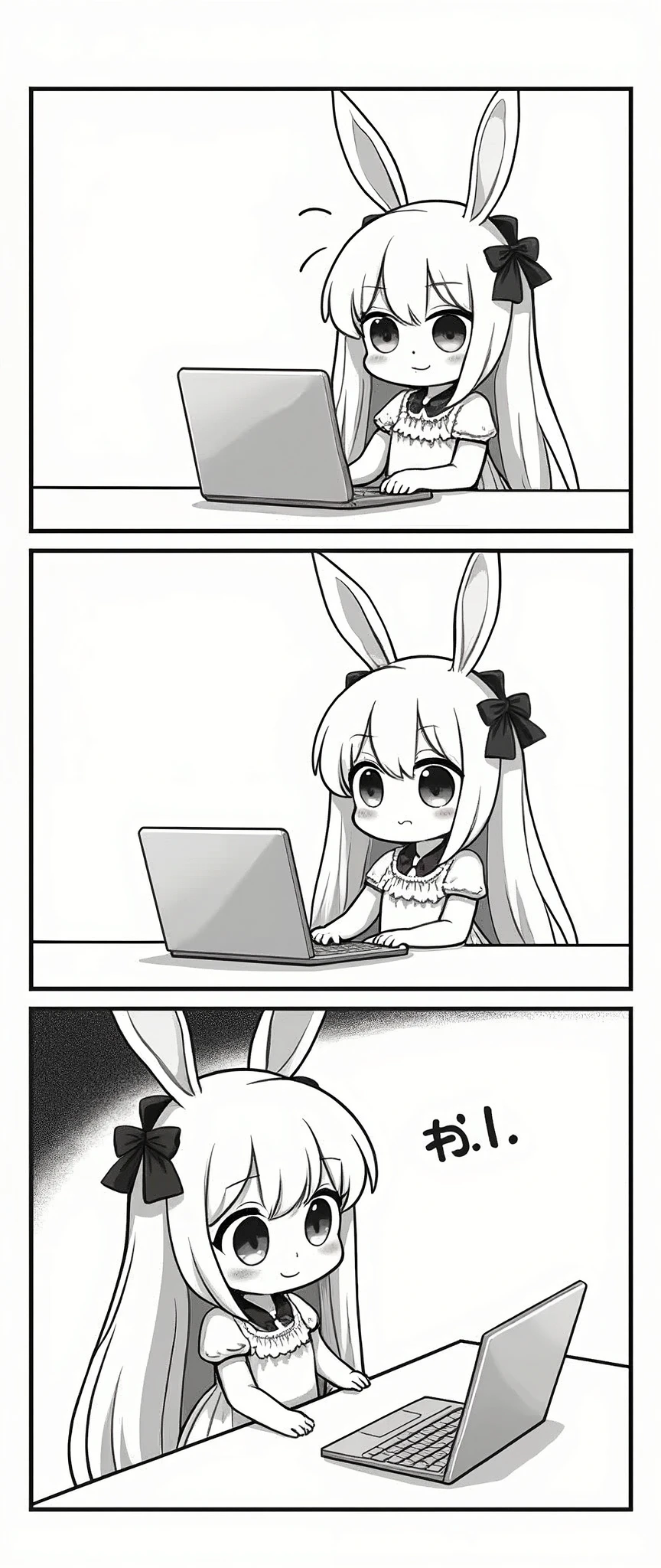(greyscale,2comic panel,dot halftone, flat color,), quality\(masterpiece, best quality,8k,wallpaper of extremely detailed CG unit,hight resolution,top-quality,top-quality real texture skin,hyper realisitic,increase the resolution,RAW photos,best qualtiy,highly detailed,the wallpaper\), 1girl\(2.5D,cute,kawaii,small kid,white hair:1.4,(long hair),(rabbit ear),white long dress with frill,red eyes,big eyes,beautiful shining eyes,skin color white,big black hairbow,watching internet,(smiling and says "Adorable! What does this mean?"), (says "oh..." with face blushed)\), 
