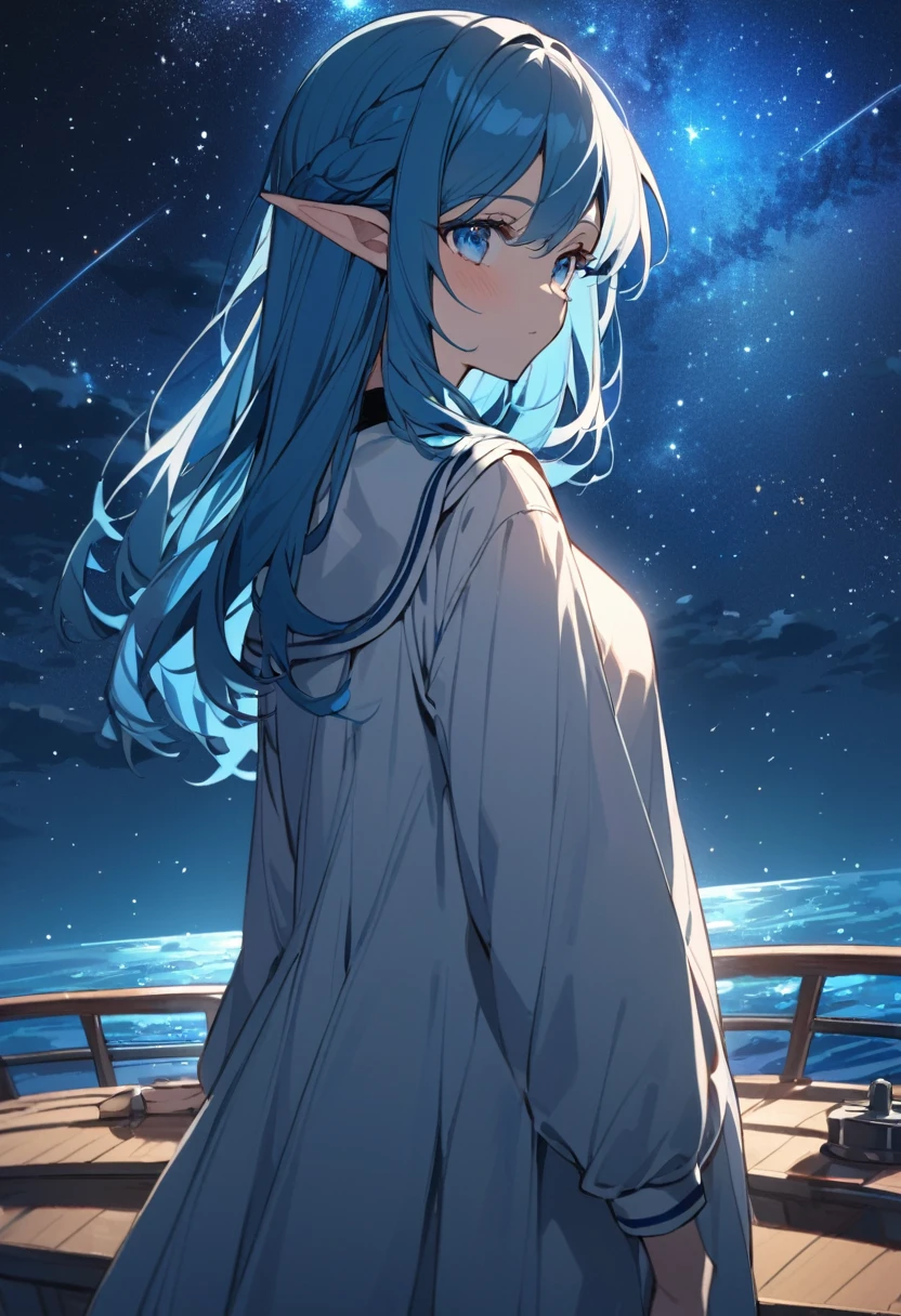 anime elf woman. Blue hair, blue eyes. She is standing on the deck of a ship. There are stars in the beautiful night sky. She is wearing a modest uniform.