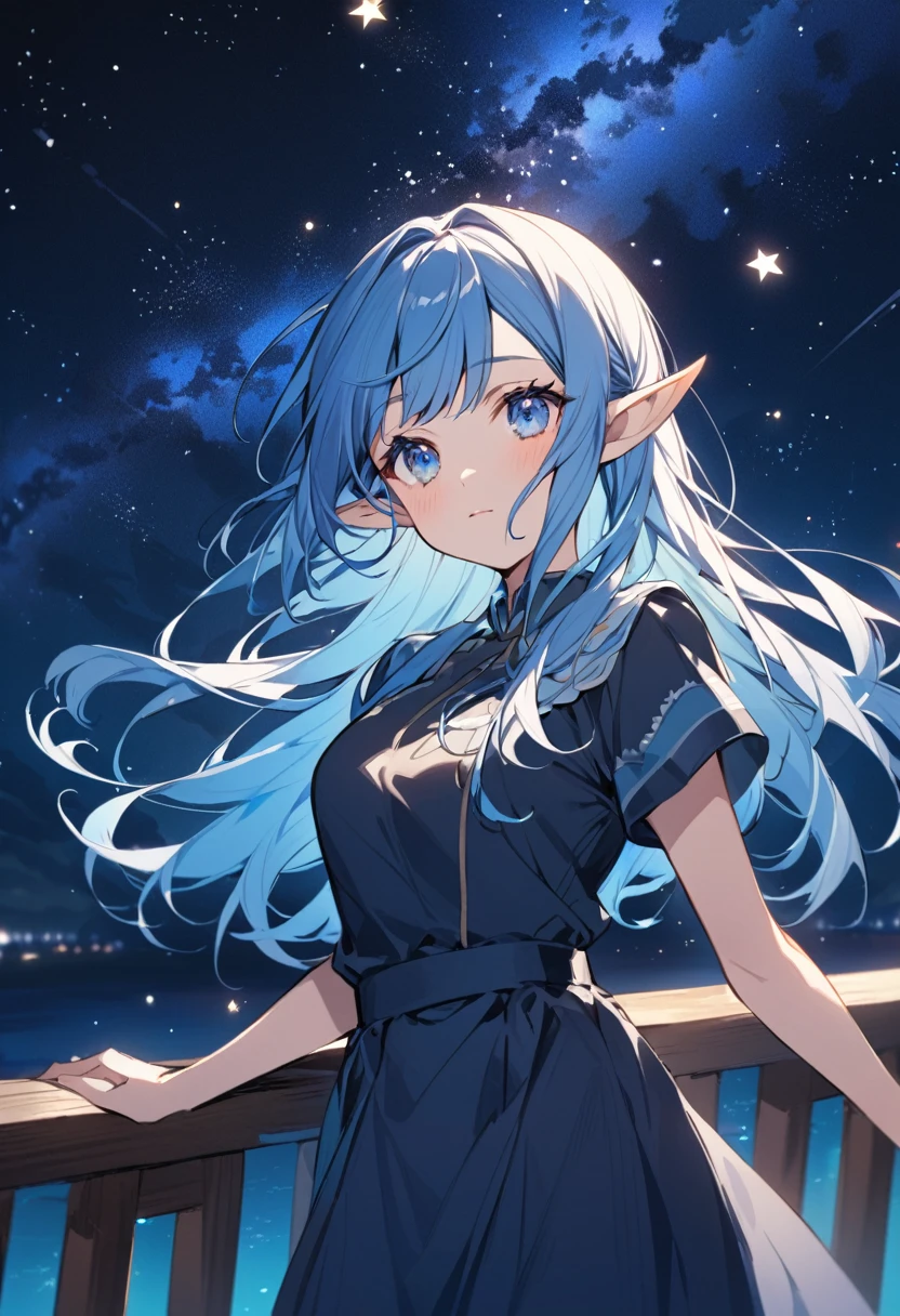 anime elf woman. Blue hair, blue eyes. She is standing on the deck of a ship. There are stars in the beautiful night sky. She is wearing a modest uniform.