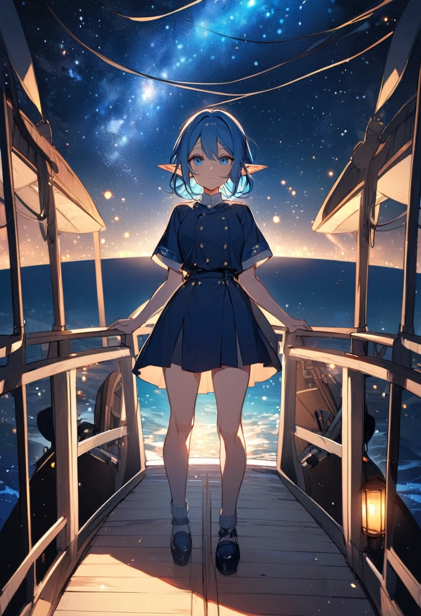 anime elf woman. Blue hair, blue eyes. She is standing on the deck of a ship. There are stars in the beautiful night sky. She is wearing a modest uniform.