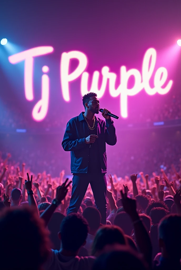 Afro male singing on a mic in a stadium filled with people with the word Tj Purple boldly written on the Background