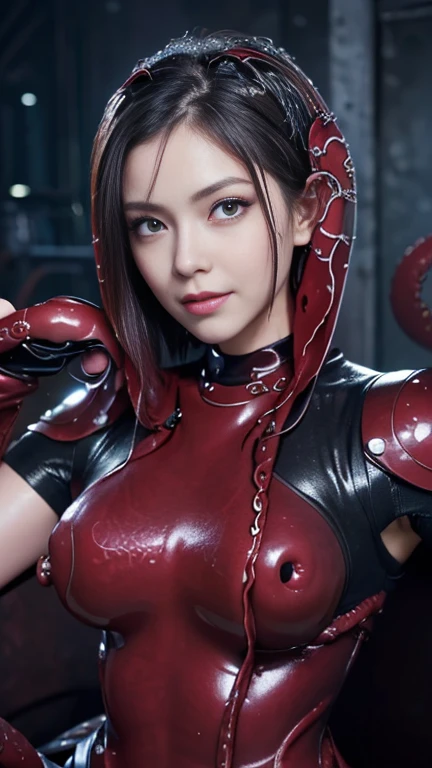 (masterpiece,Highest quality,Ultra-high resolution), woman, (((Very beautiful 18 year old girl))), pretty girl, ((Extreme cold), (Inside the warehouse), (Iceburn), (Freezing),(snow),(fine ice)), View Photographer、Front view, ((short hair)), Super cute face, Glossy Lips, (Big eyes), Double eyelids on both eyes,A cheerful smile、 Natural Makeup, Long eyelashes, Shiny and smooth hair、Center image, Perfect limbs, Perfect Anatomy, (((Dark red sexy tentacle cyberpunk armor))), (((Wet the whole body with water))), (((With tentacles))), (Cinematic Lighting), (Healthy Eyes), (Eat takoyaki), (Cute way to sit), (Upward-facing chest), (Full Mail), (dim),