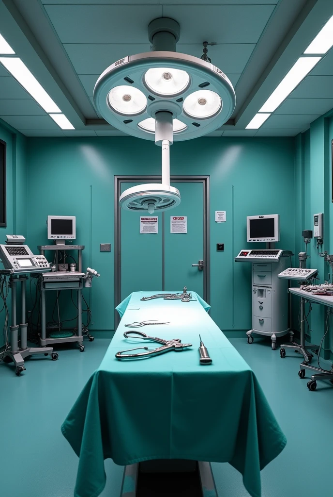 A large operating room with an auditorium to watch the surgery, prepared with all the necessary tools such as a scalpel and surgical retractors, the table and a sign on the door saying: waiting