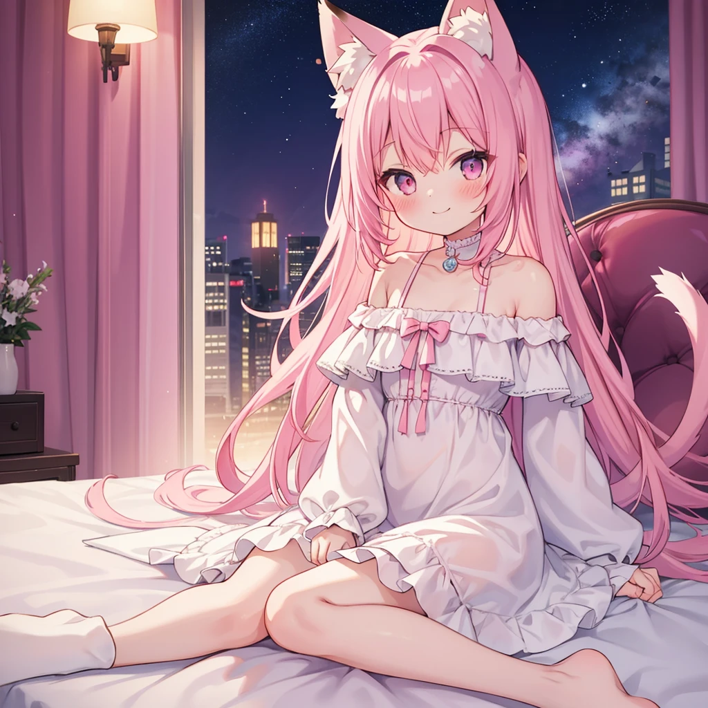Highest quality, masterpiece, detailed, night, Dark Room, 1 person,girl,small,blush,smile,Off-the-shoulder dress,White Dress, Pink Hair,Long Hair,Cat ear,Fox tail,Sit on the bed,From below