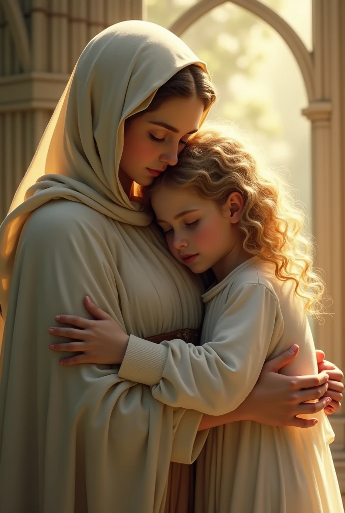 A 13 year old blonde, curly, lowrise, embracing our Lady as a mother and daughter