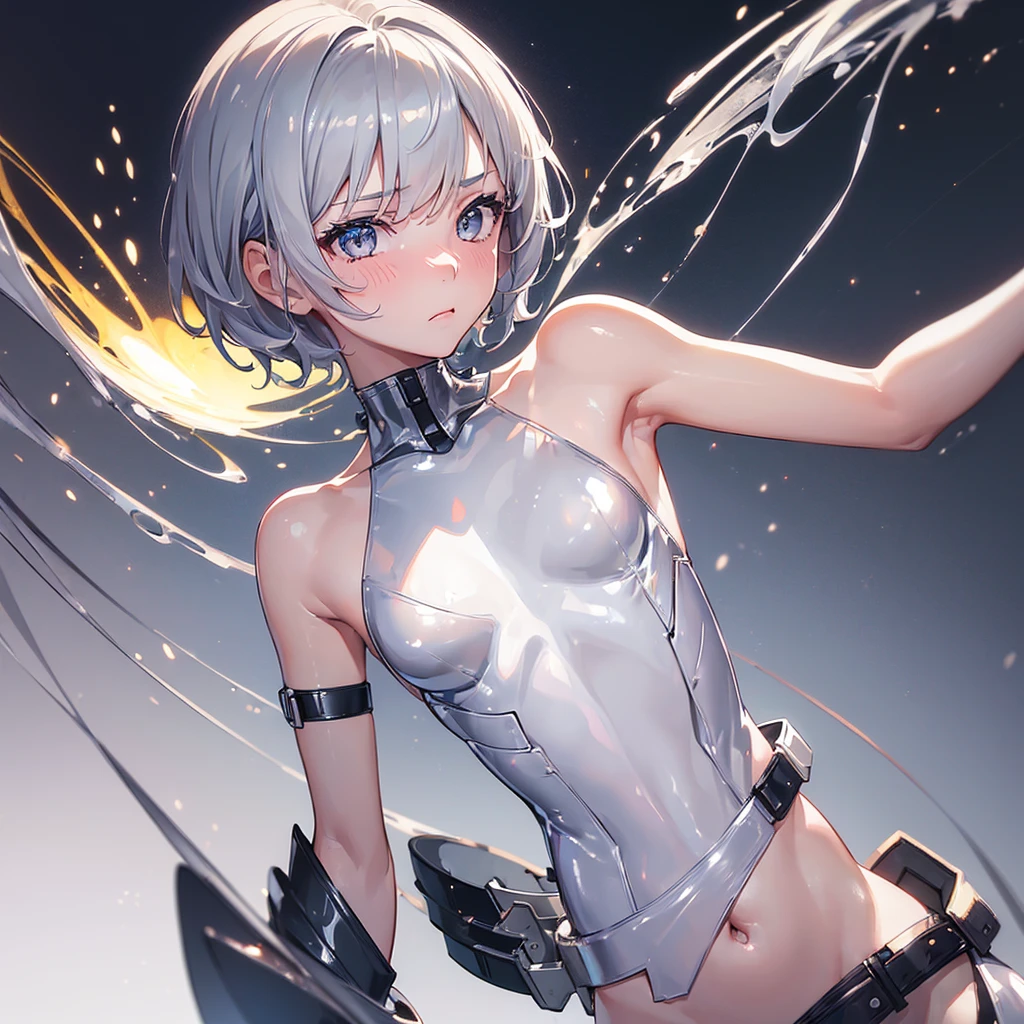 (8k, RAW Photo, Top Quality, Refined Details, Masterpiece: 1.2), (High Resolution 8k Wallpaper), Sharp Focus, Professional Lighting, Depth of Field, Cinematic Lighting, Background Blur, BREAK (1girl:1.4),(embarrassed:1.4), cute face, pixie cut,hair between eyes, slender line, slim body, (silver latex:1.4), Arm cover, golden ratio,(small breasts: 1.4), (upper body:1.4),