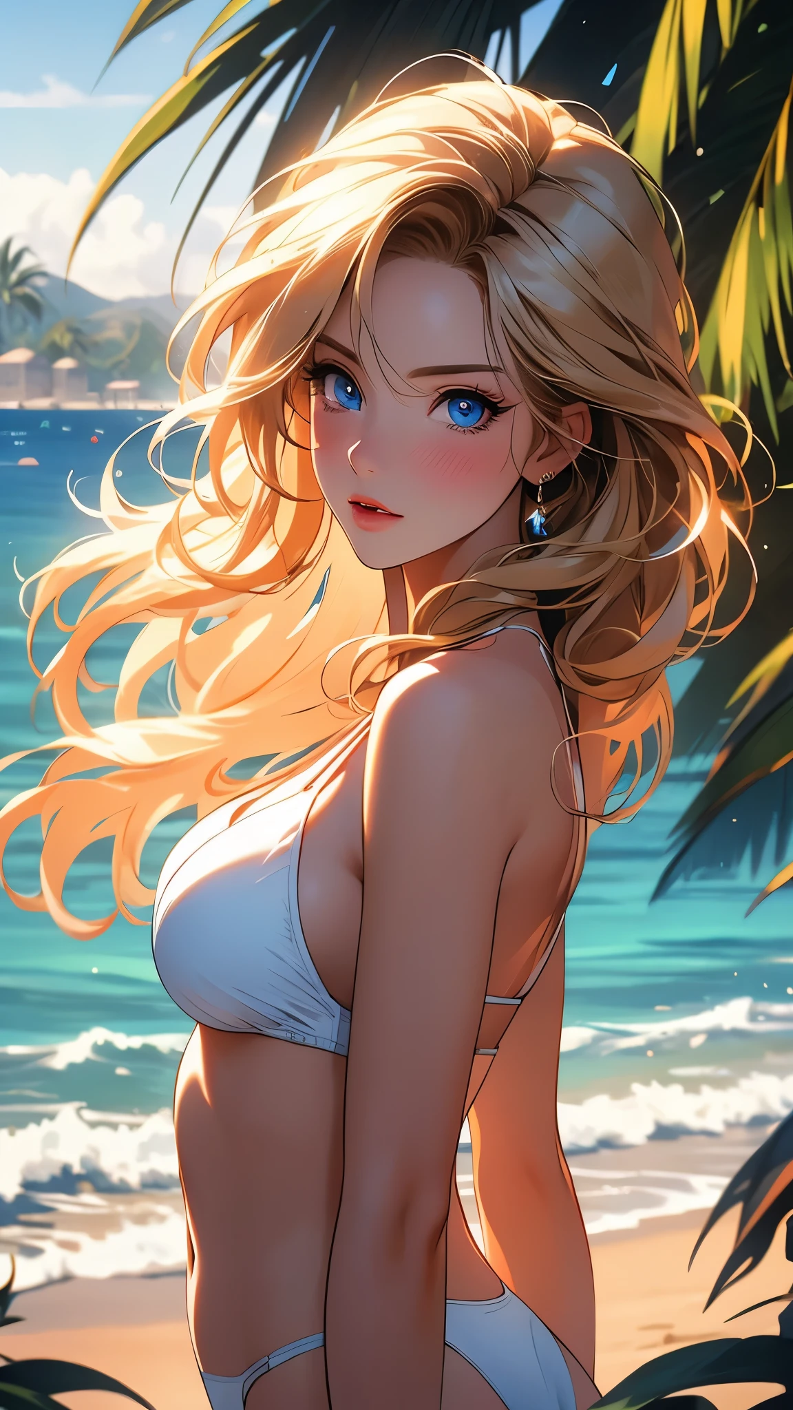 a beautiful woman in a white  standing on a beach, looking directly at the viewer, with long blonde hair blowing in the wind, blue eyes, and a slight blush on her cheeks, surrounded by palm trees, a cloudy blue sky, and waves crashing against the shore, masterpiece, photorealistic, ultra-detailed, hyper-realistic, 8k, cinematic lighting, vibrant colors, dramatic composition, (Perfect details:1.1), (Beautiful and clear background:1.2), (Extremely detailed CG, Ultra detailed, best shadow:1.1), (Finely detailed beautiful eyes)