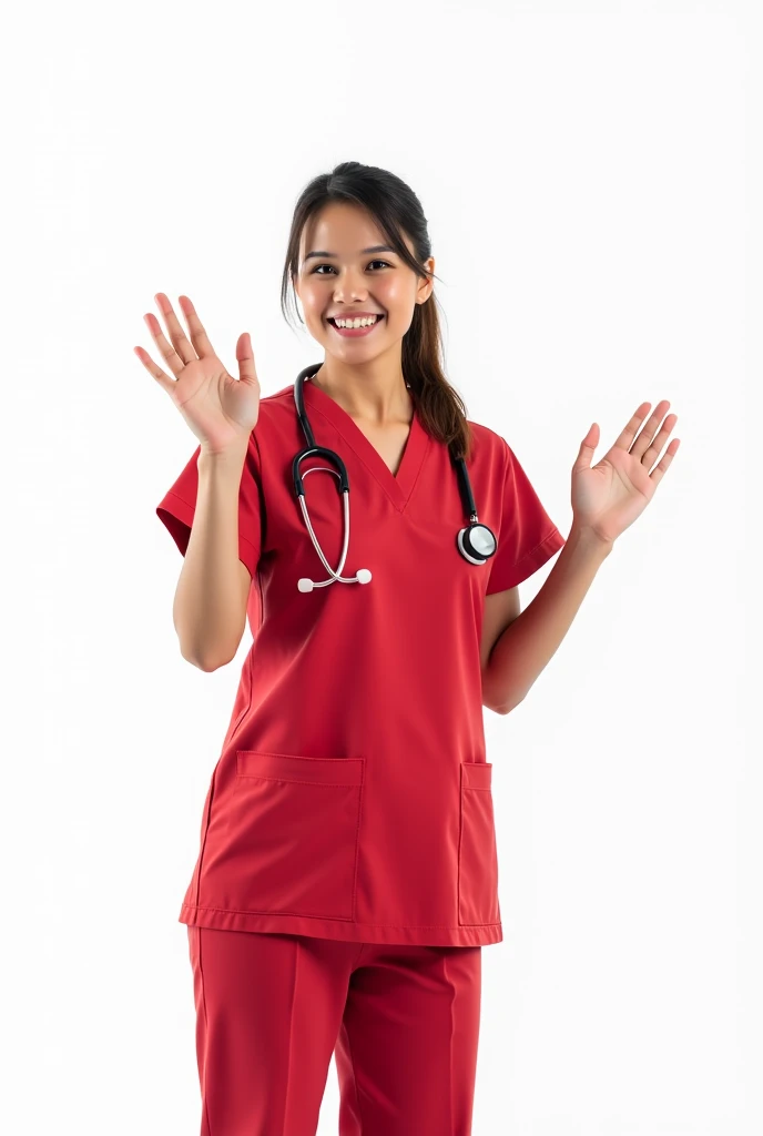 a female doctor in a cherry uniform waving animatedly with a white background





