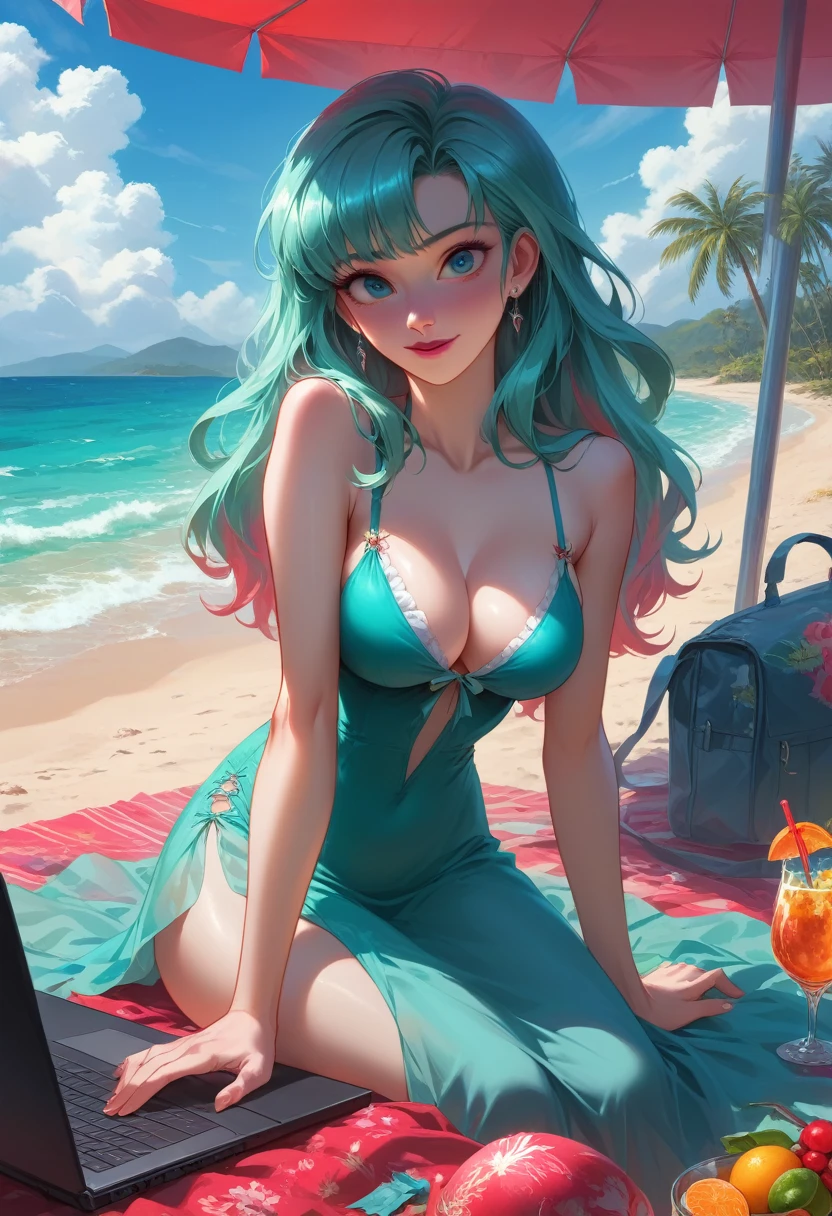 atmosfera sombria motor gráfico engine 5 ful hd 4k 100 lines art Elza frozen power Fenix + Bulma elf sexy seios pequenos e empinados slim with long aqua short silver withe neon hair lounges on a beach towel under a colorful umbrella. She wears a black + red maio with frills and a sheer, olhos azuis lindos decorated cover-up, appearing relaxed while using a laptop. The background features a tropical beach scene with palm trees, soft waves, and a clear blue sky dotted with clouds. Sunlight glistens on her skin, and a glass with a drink sits nearby.